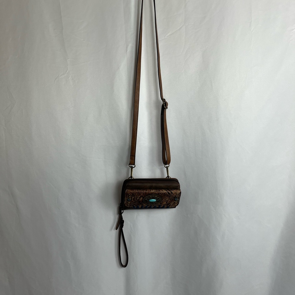 Justin Brown Tooled Leather Crossbody Bag with Turquoise Accent  7W X 5H